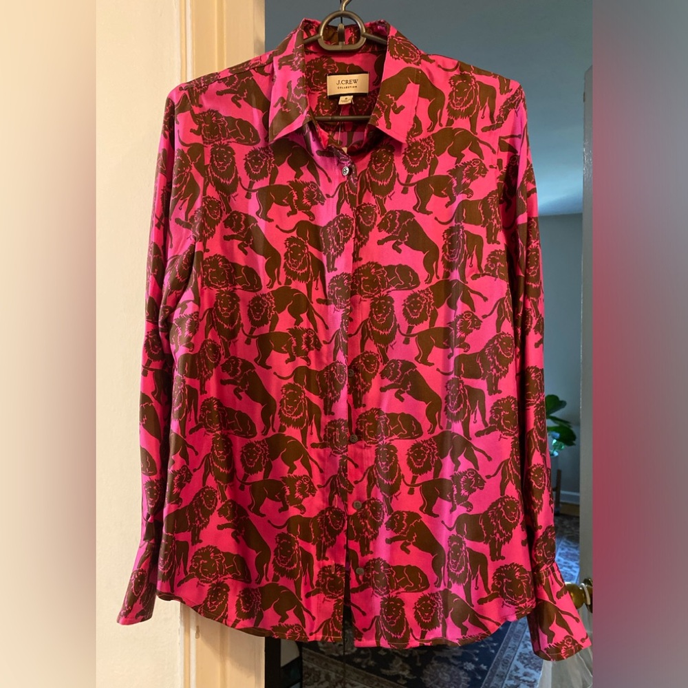 J.Crew Collection silk Lion print button down shirt, size 6